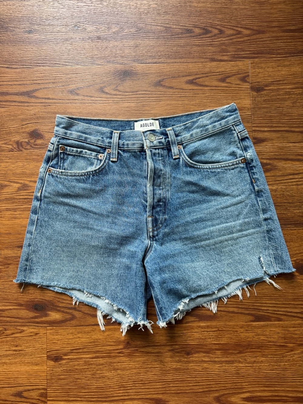 AGOLDE Parker Long Mefiym Wash Raw Hem Denim Shorts
